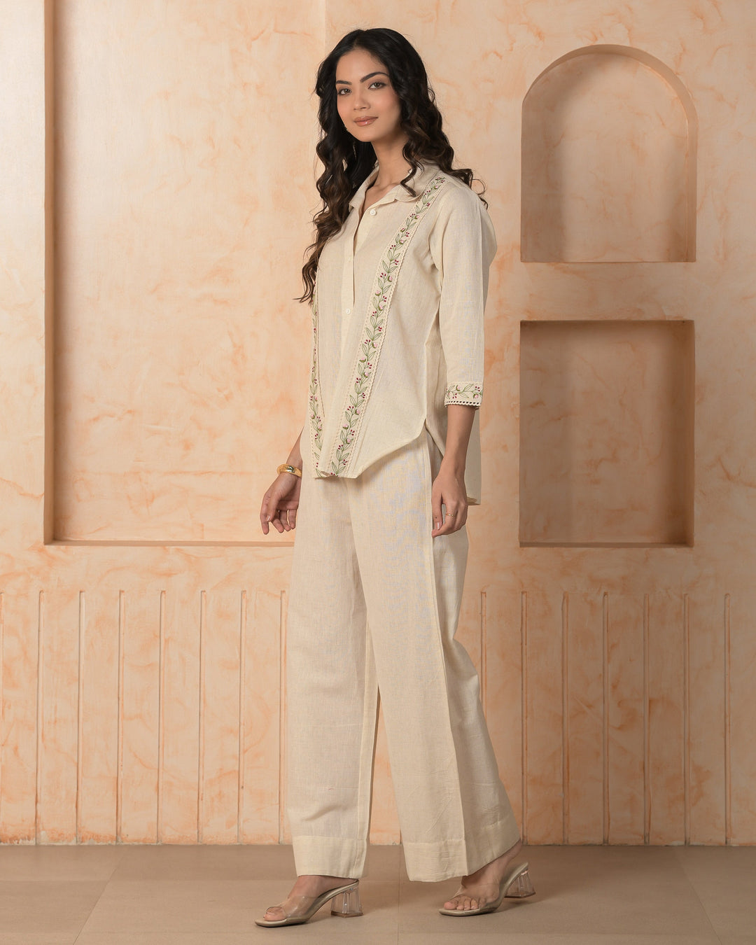 Zafira Cream Embroidered Cotton Flex Coord Set