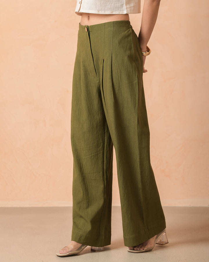 Aeris Olive Cotton Flex Solid Straight Pants