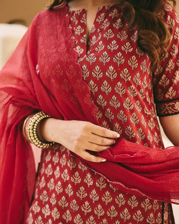 Grisha Maroon Cotton Printed Suit Set