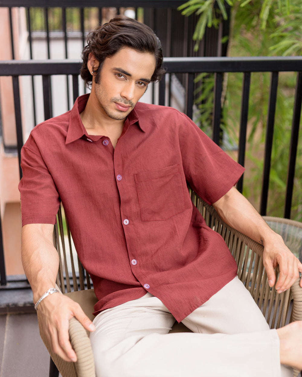 Orik Rust Red Cotton Flex Solid Shirt