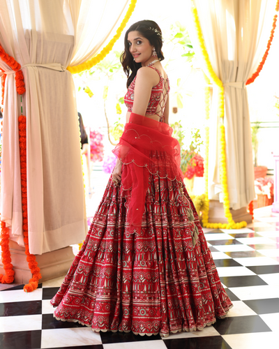 Red Hibiscus Haven Printed Satin Lehenga Set