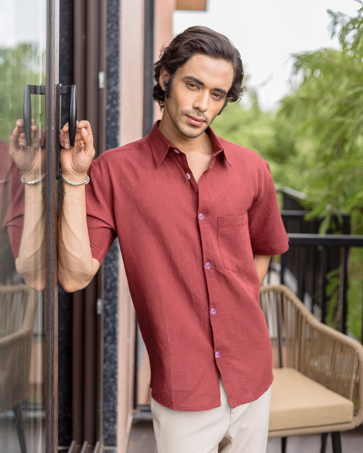 Orik Rust Red Cotton Flex Solid Shirt