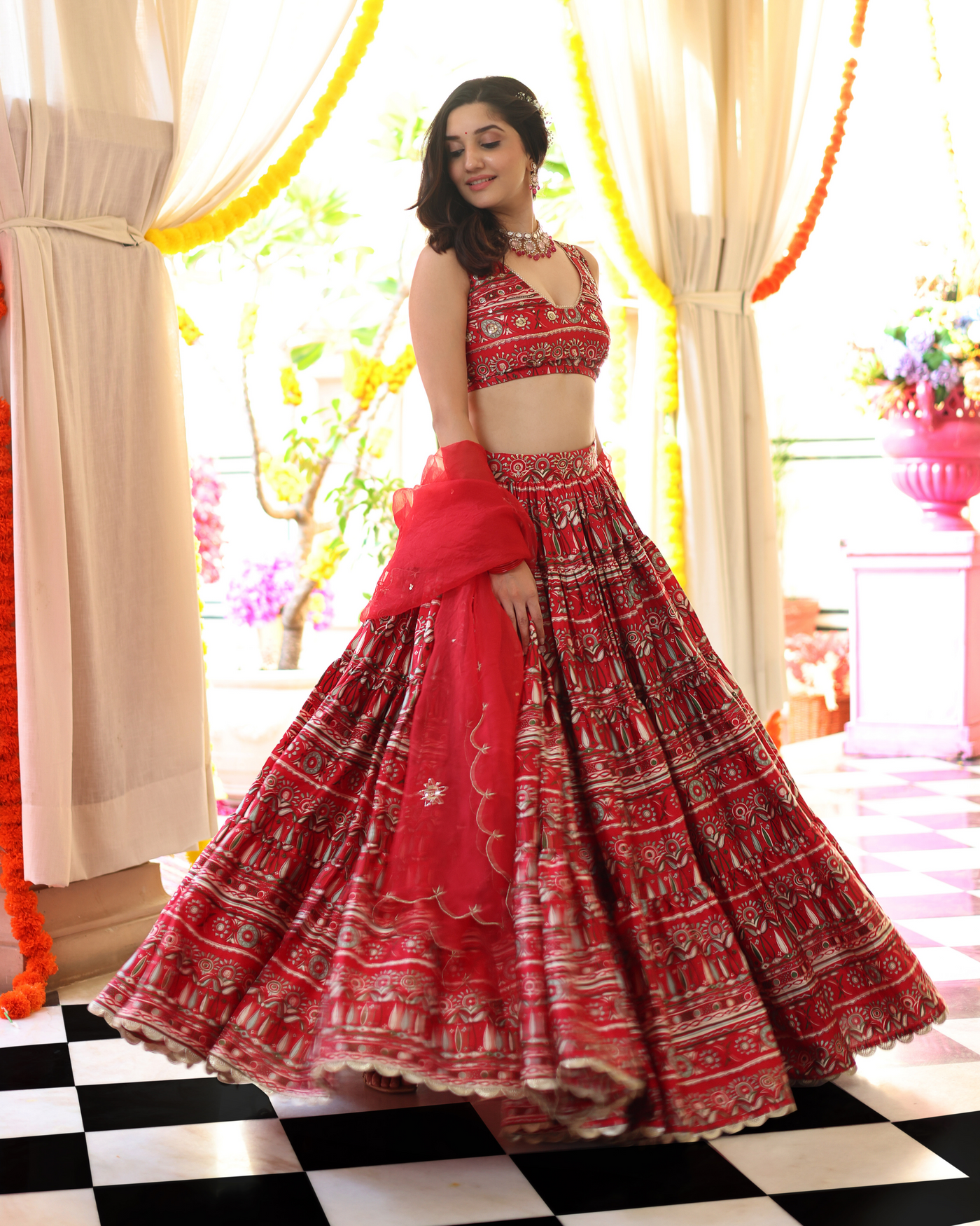 Red Hibiscus Haven Printed Satin Lehenga Set