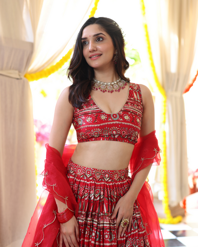 Red Hibiscus Haven Printed Satin Lehenga Set