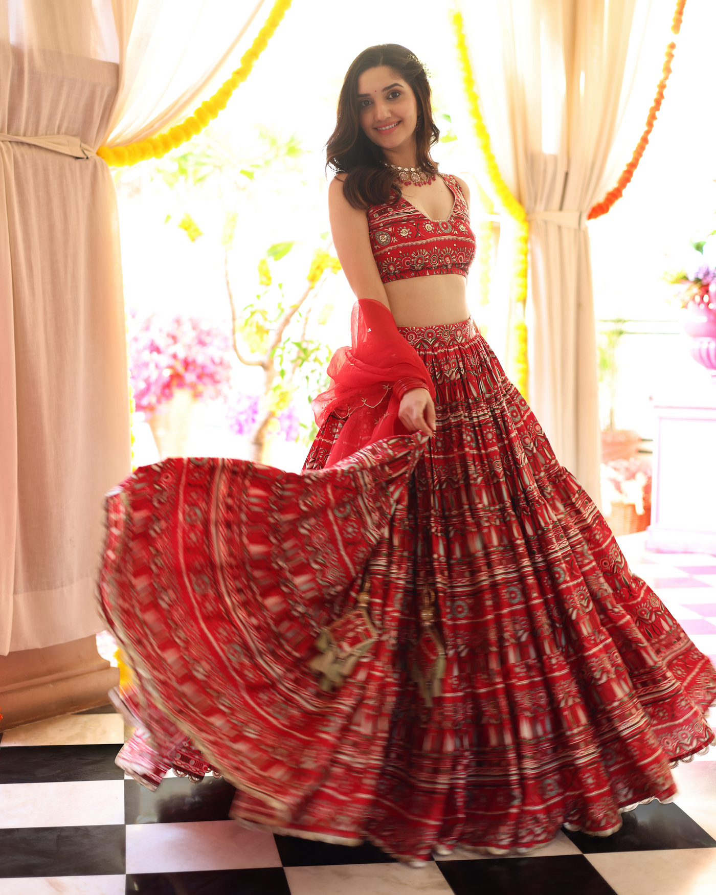 Red Hibiscus Haven Printed Satin Lehenga Set