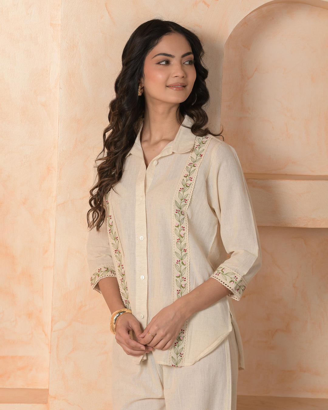 Zafira Cream Embroidered Cotton Flex Coord Set