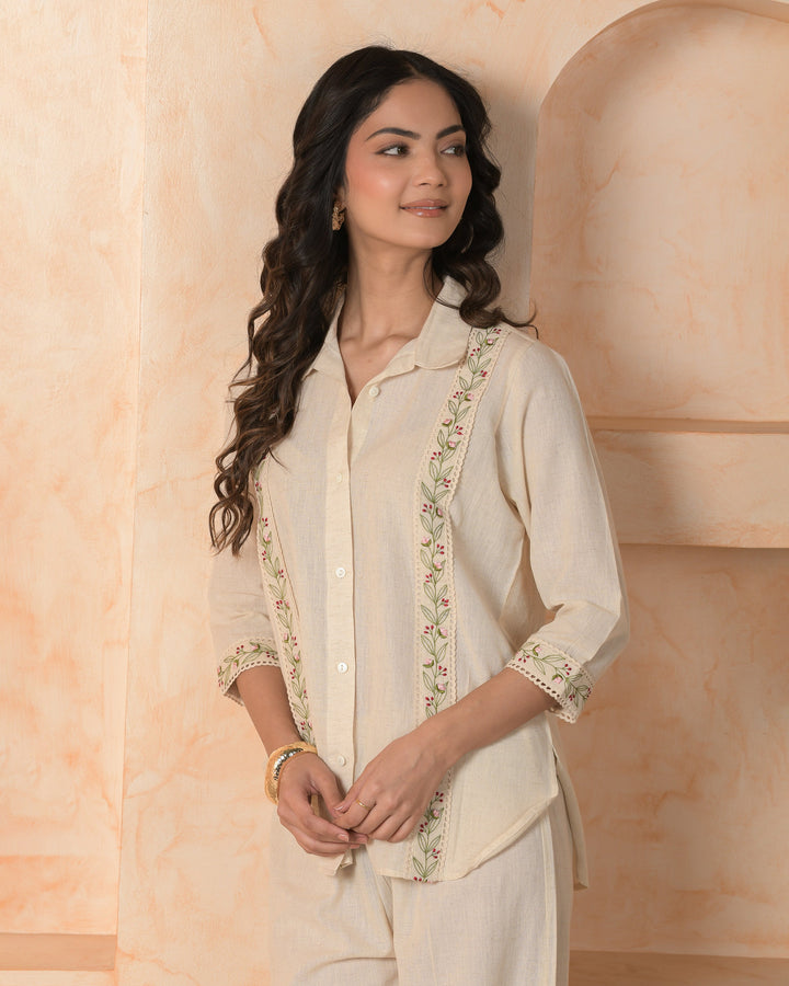 Zafira Cream Embroidered Cotton Flex Coord Set