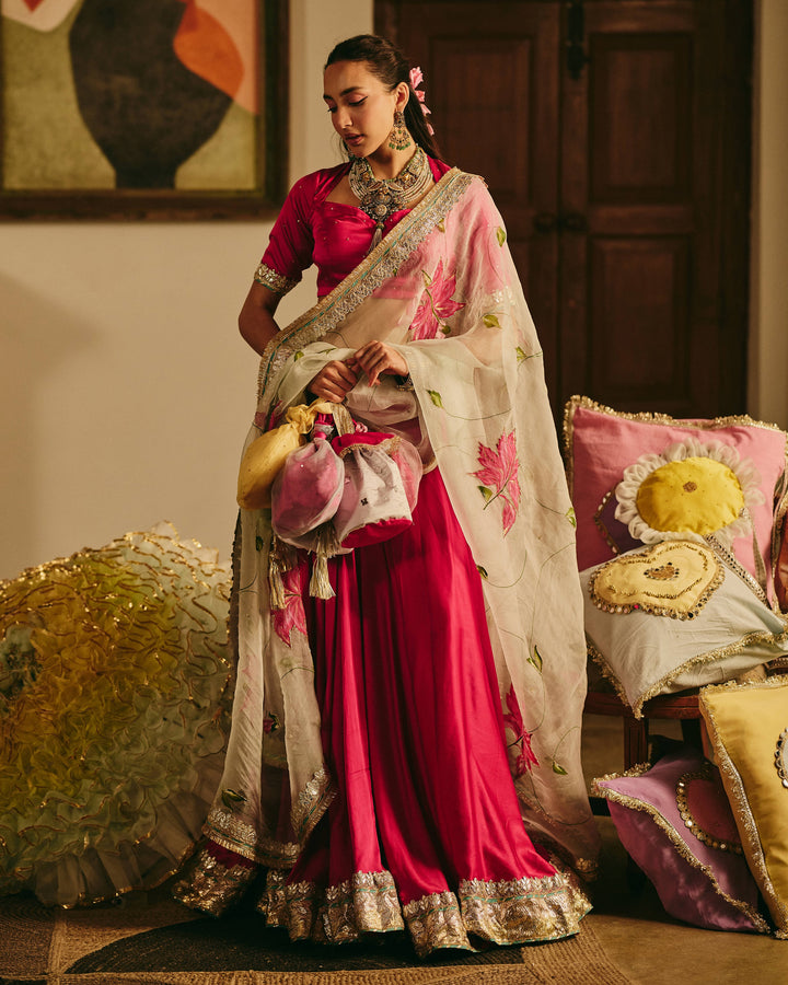 Kalvani Pink Handpainted Satin Lehenga Set