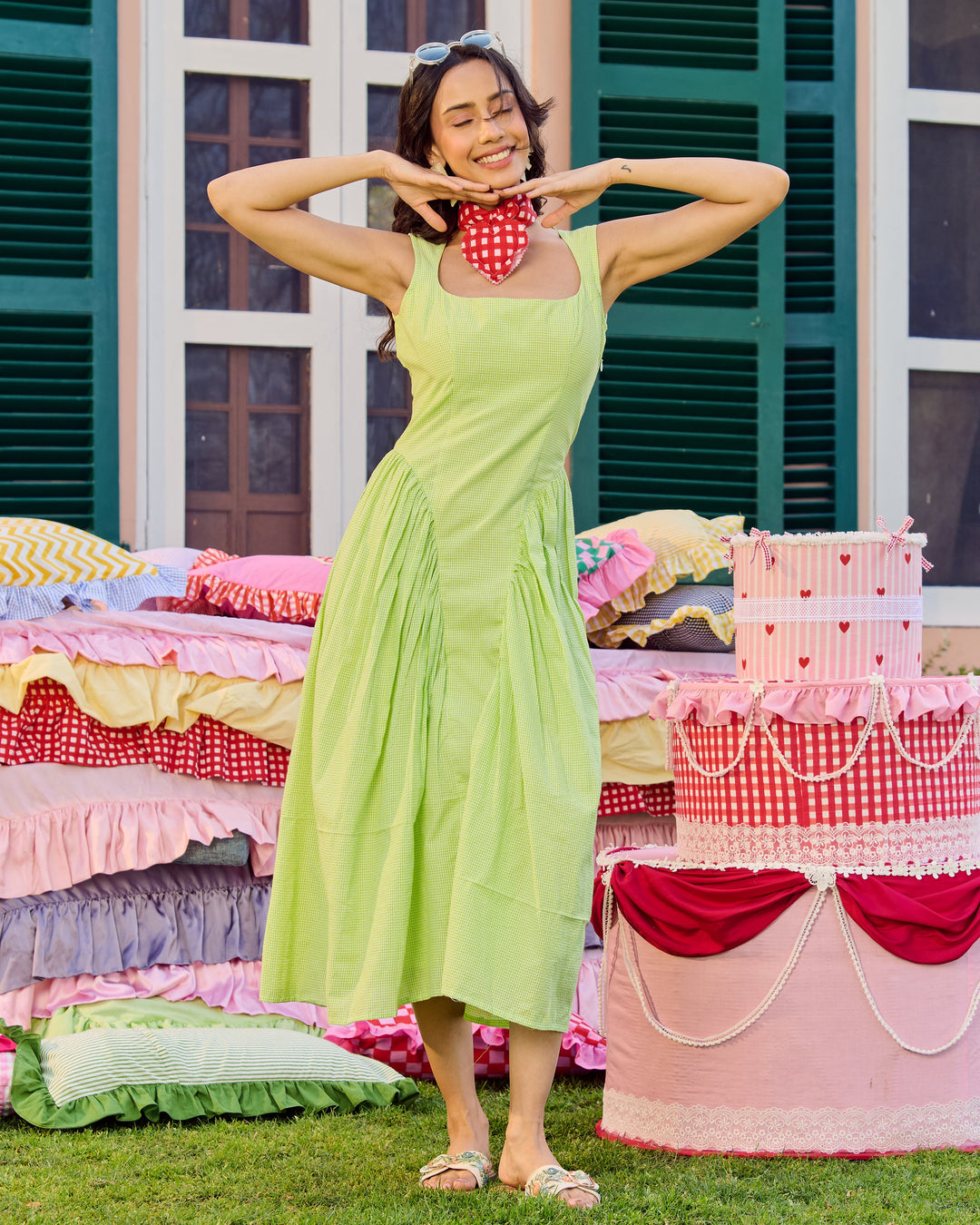 Elloise Lime Green Cotton Checks Dress