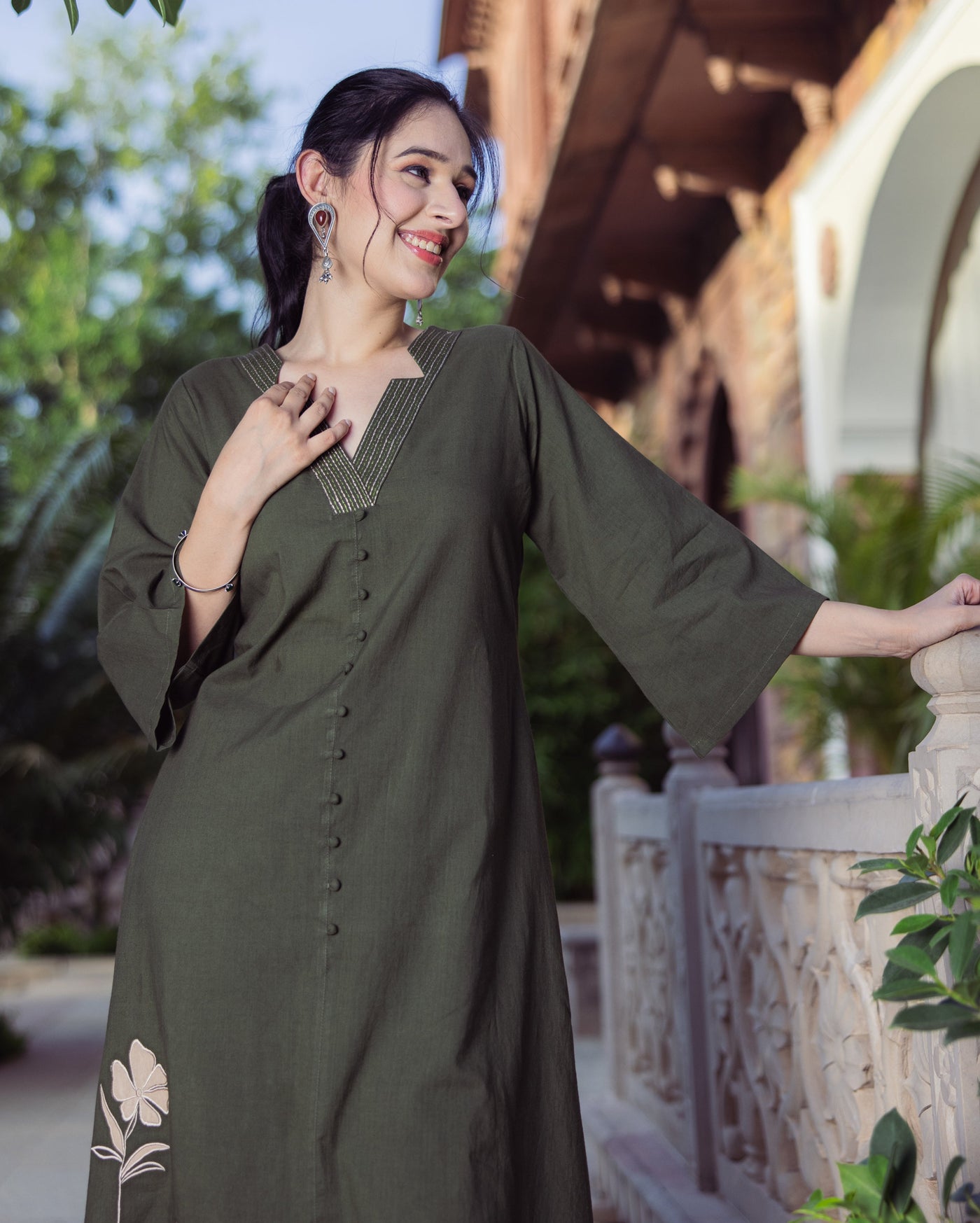Forest Green Embroidered Cotton Kurta Set