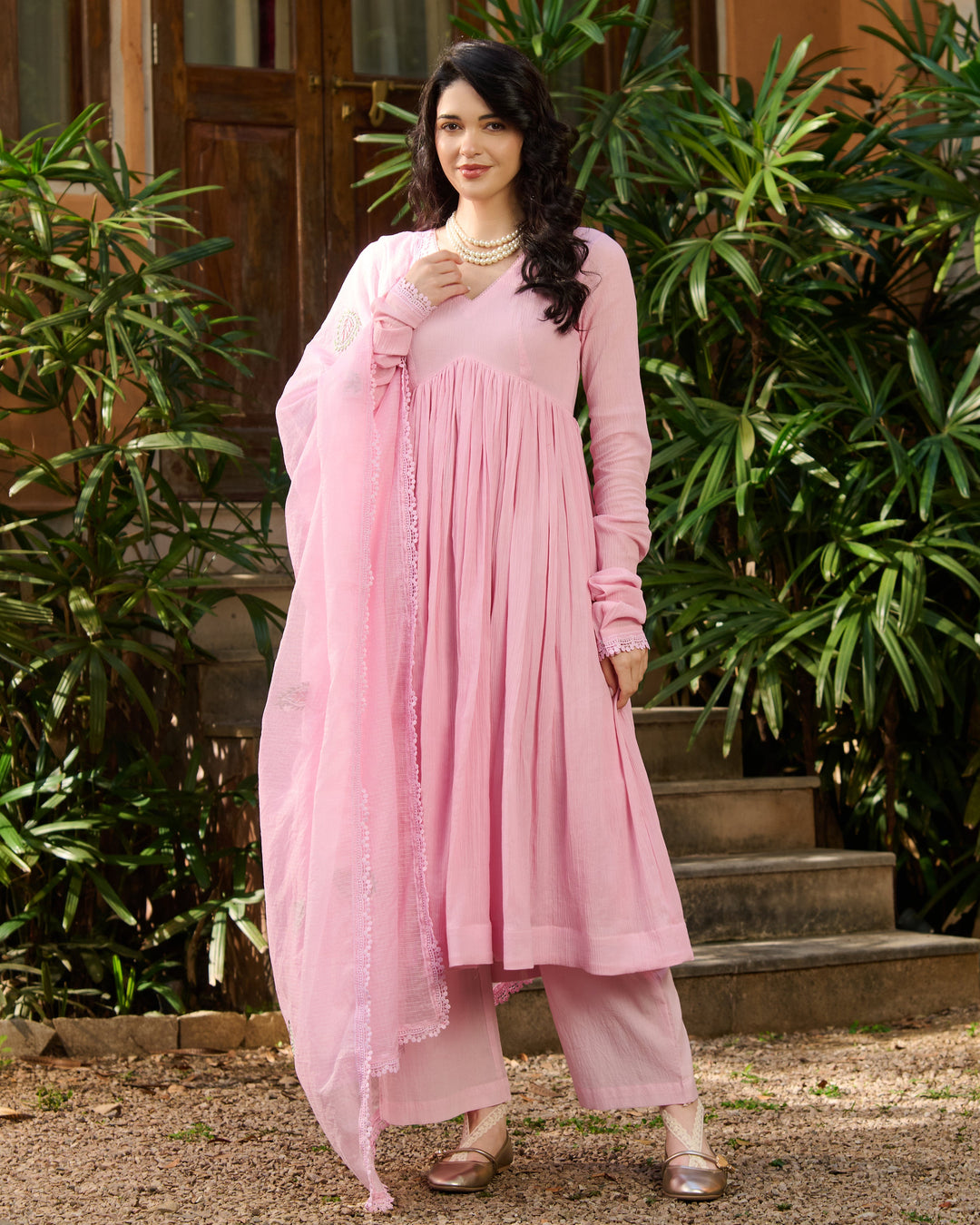 Pero Light Pink Embroidered Cotton Crush Suit Set