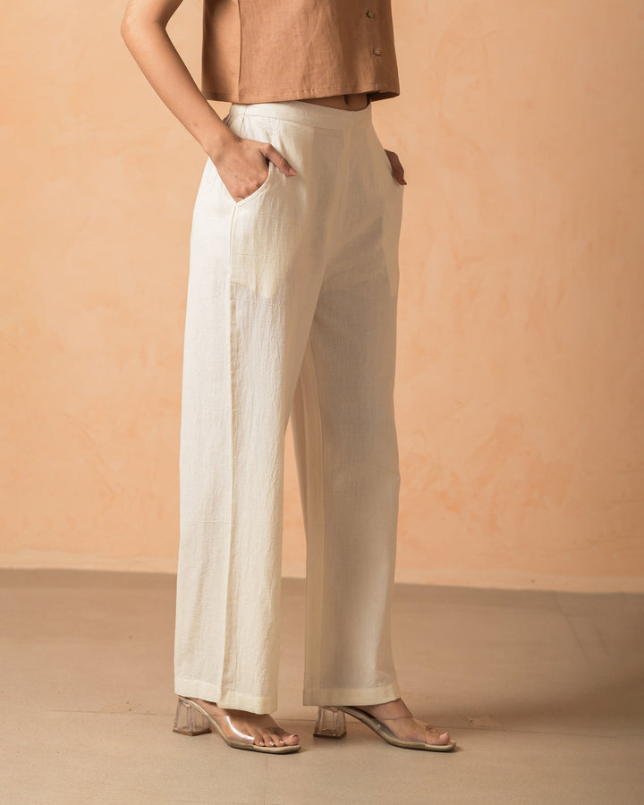 Yaira Cream Cotton Flex Solid Straight Pants