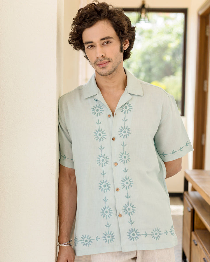Kaiven Pastel Blue Embroidered Cotton Flex Shirt