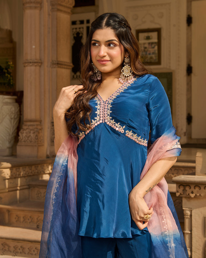 Maison Blue Solid Crepe Suit Set