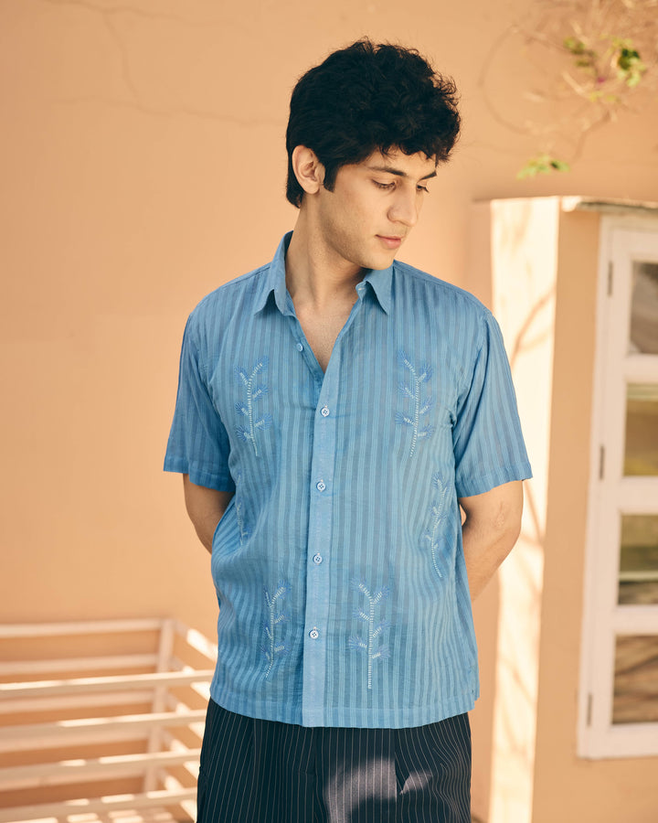 Leko Blue Cotton Dobby Embroidered Shirt