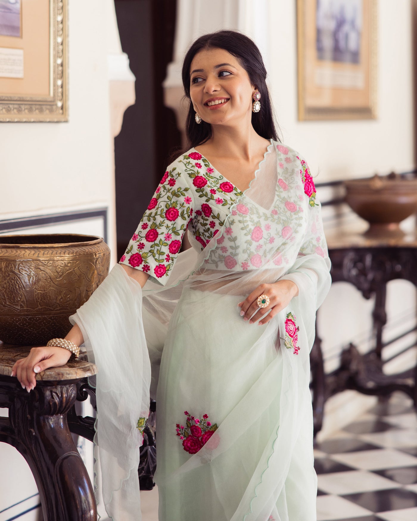 Luxe Mint Green Embroidered Organza Saree