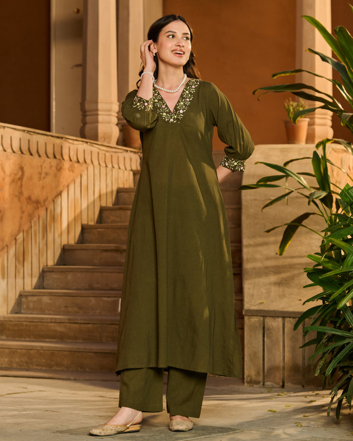 Dot Green Embroidered Cotton Kurta Set