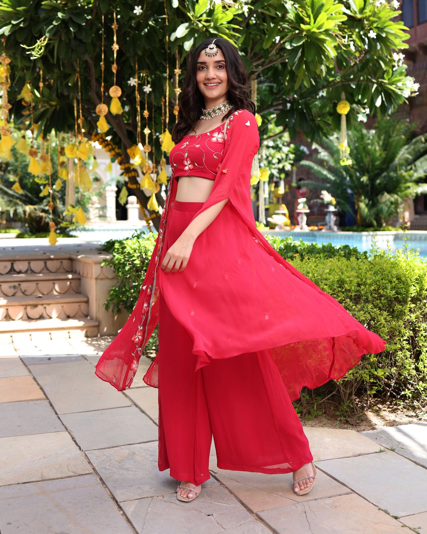 Hareeta Red Handpainted Georgette Coord Set