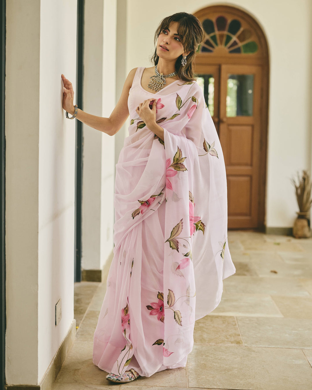 Vine Pink Handpainted Chiffon Saree
