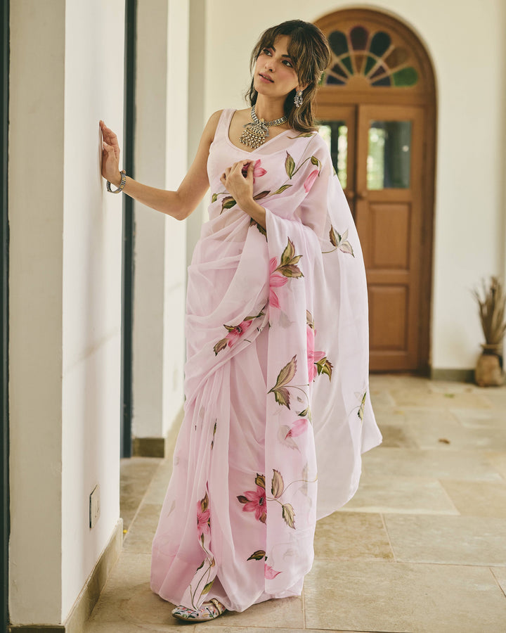 Vine Pink Handpainted Chiffon Saree