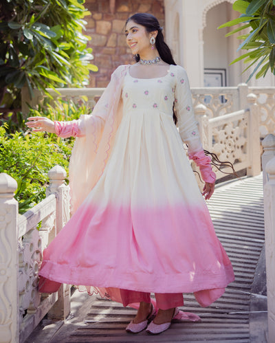 Giggly Rose Pink Ombre Embroidered Muslin Suit Set