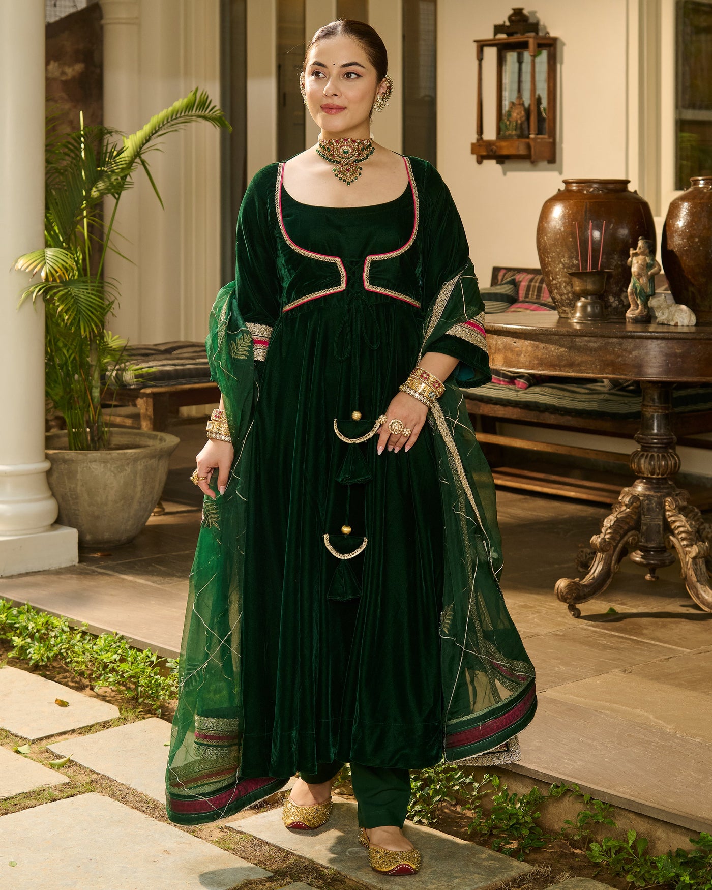 Bhavani Green Solid Velvet Suit Set