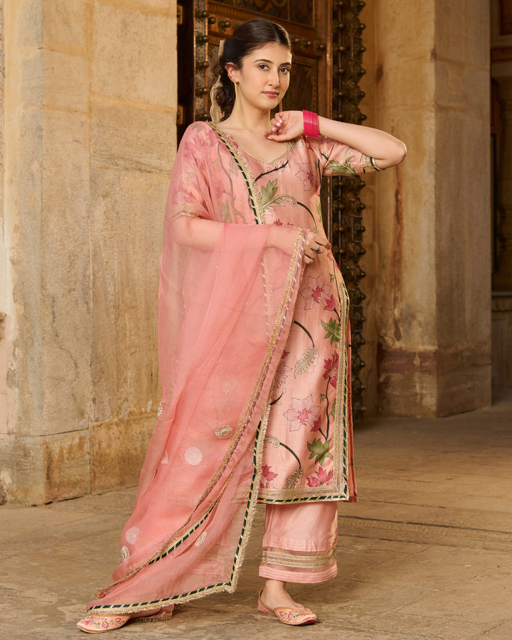 Pita Peach Printed Chanderi Suit Set