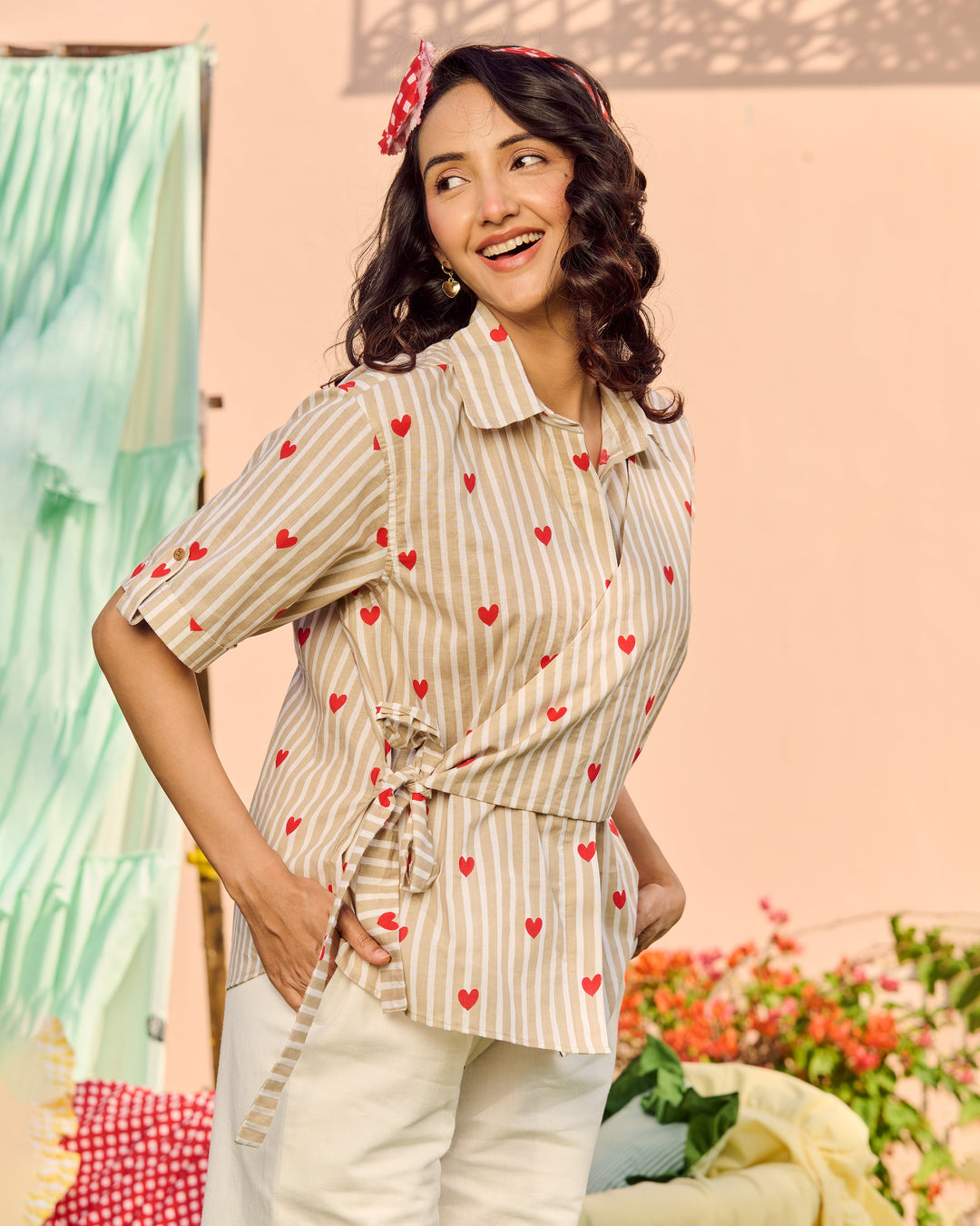 Shannon Beige Cotton Stripes &amp; Heart Printed Shirt
