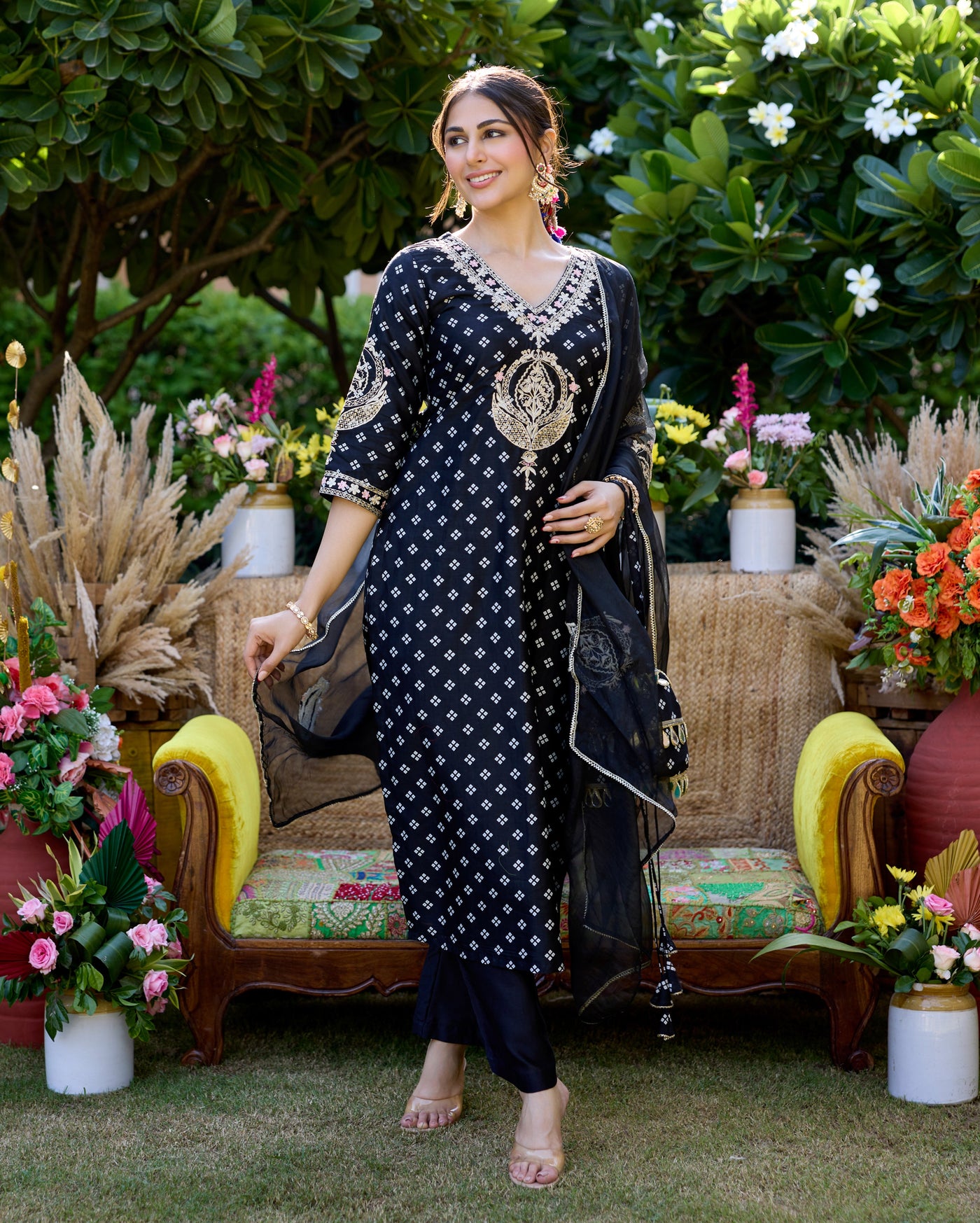 Mantra Black Bandhani Chanderi Suit Set