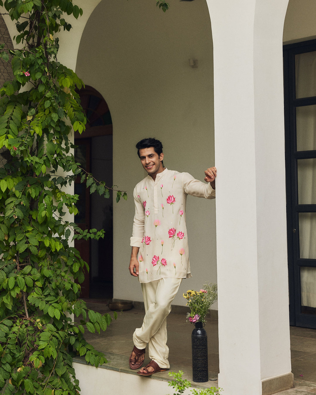 Zavian Off White Handpainted Checks Kurta