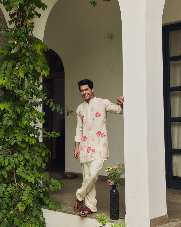 Zavian Off White Handpainted Checks Kurta
