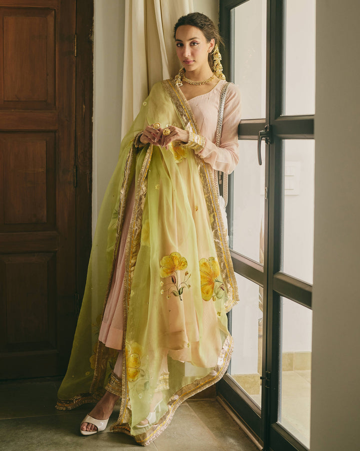 Rangriti Peach Handpainted Cotton Crush Suit Set