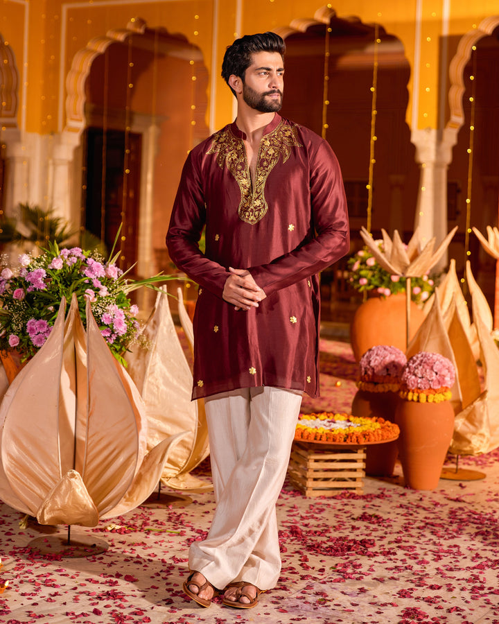 Shreyas Maroon Chanderi Embroidered Kurta