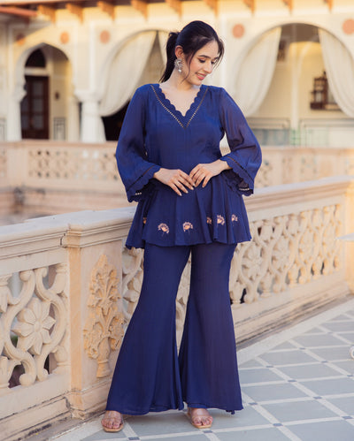 Yash Blue Embroidered Muslin Coord Set