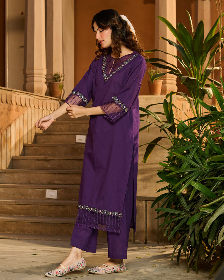 Ele Purple Embroidered Cotton Kurta Set
