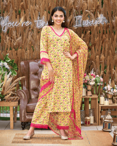 Flora Yellow Printed Cotton Suit Set