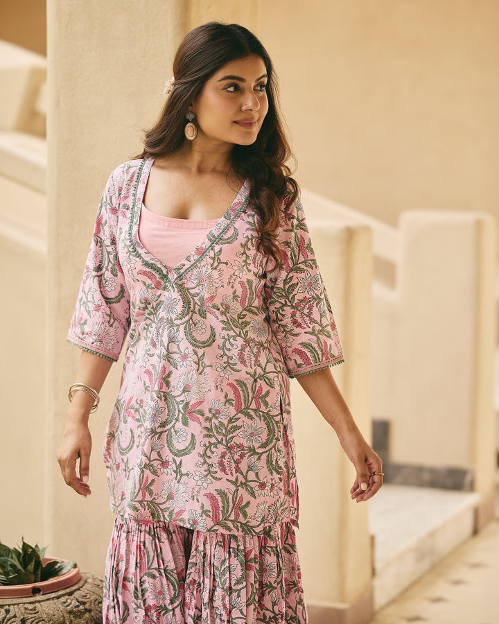 Ander Pink Cotton Printed Kurta Sharara Set