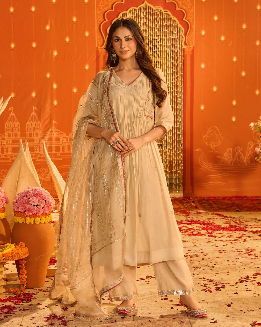 Jyotsna Beige Embroidered Chanderi Suit Set