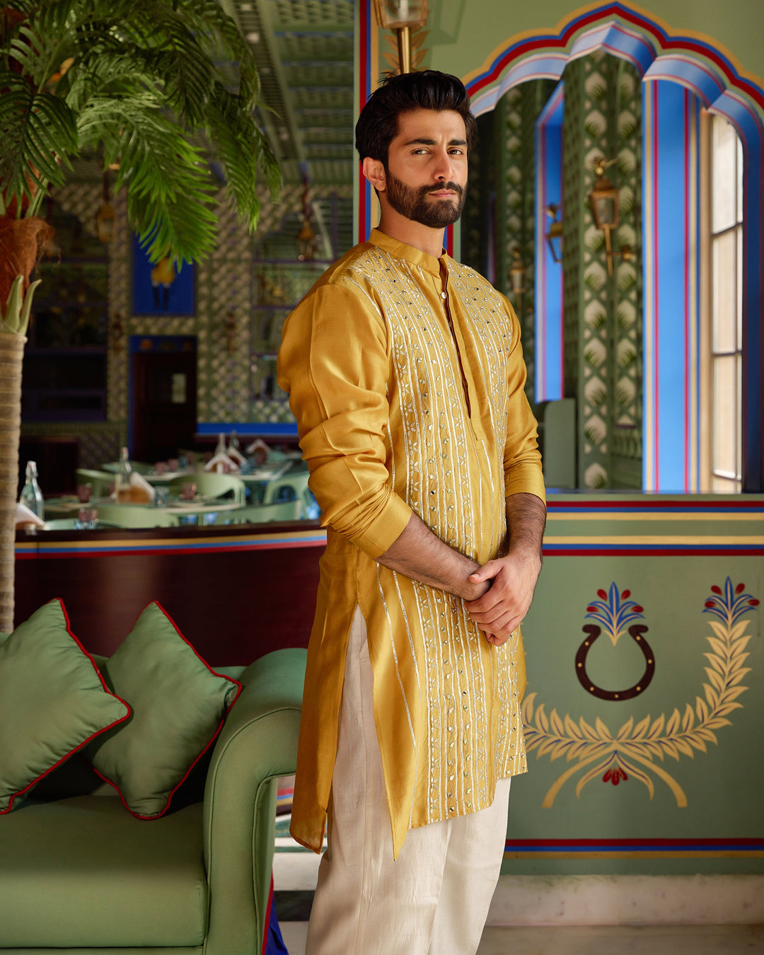 Vardhan Mustard Chanderi Embroidered Kurta