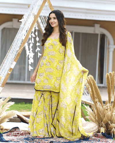 Emin Yellow Printed Georgette Sharara Set