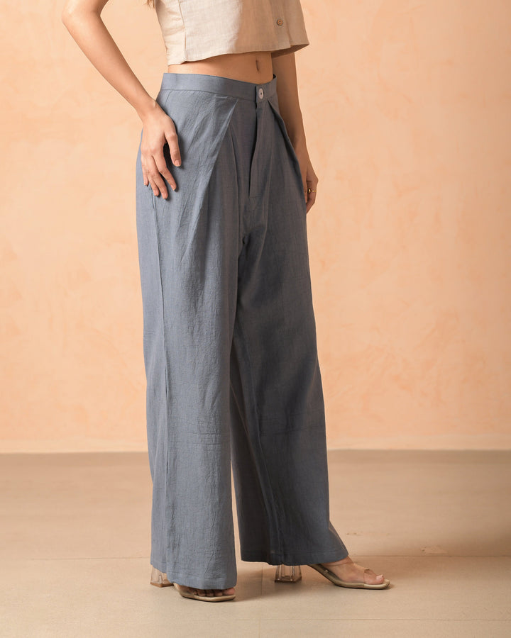 Mirel Grey Cotton Flex Solid Pleat Straight Pants