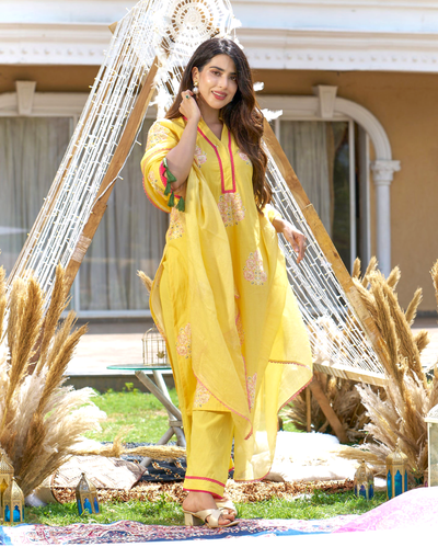 Trishika Yellow Printed Cotton Suit Set