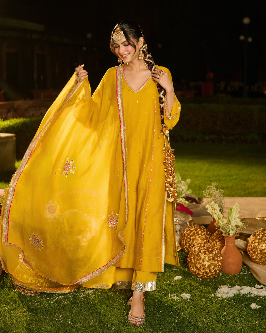 Agnira Mustard Embroidered Chanderi Suit Set