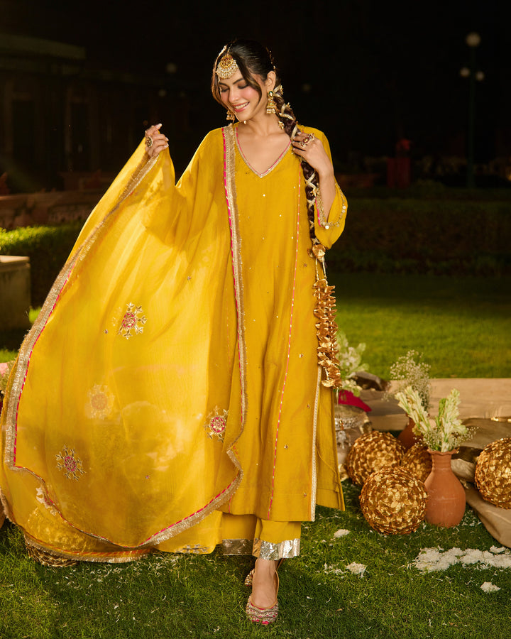 Agnira Mustard Embroidered Chanderi Suit Set