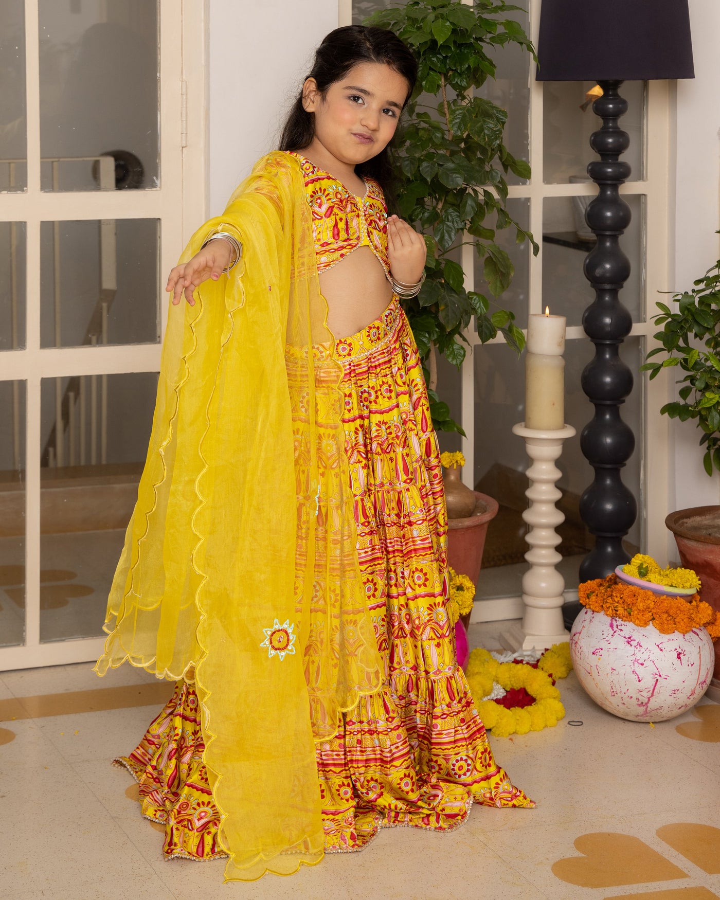 Hipsa Yellow Printed Chanderi Lehenga Set