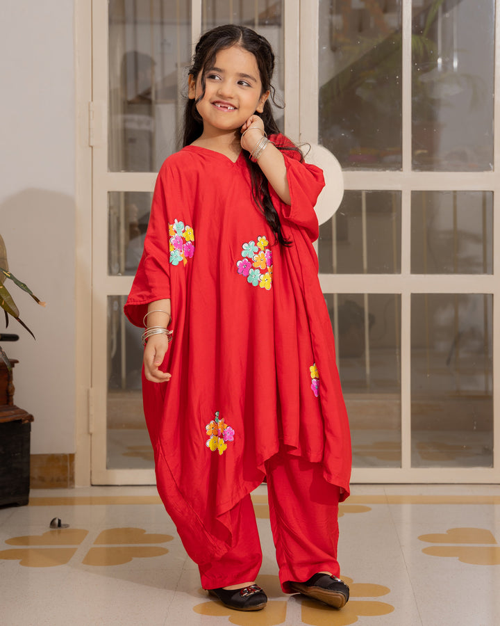Adora Red Handpainted Muslin Coord Set