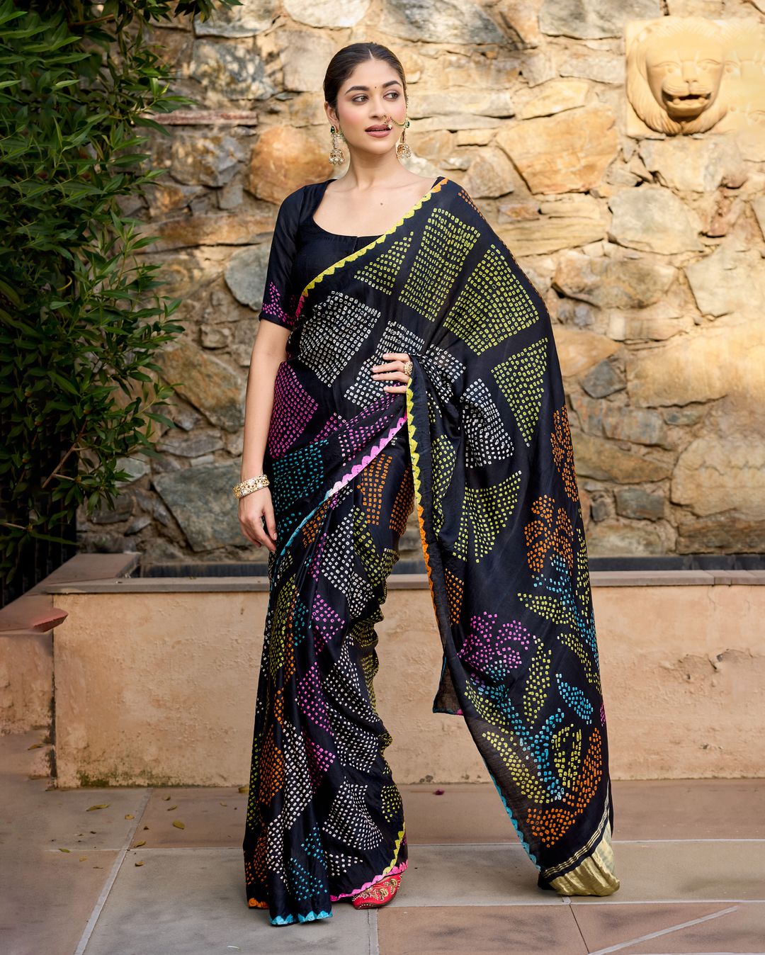 Kajal Black Gajji Silk Bandhej Saree