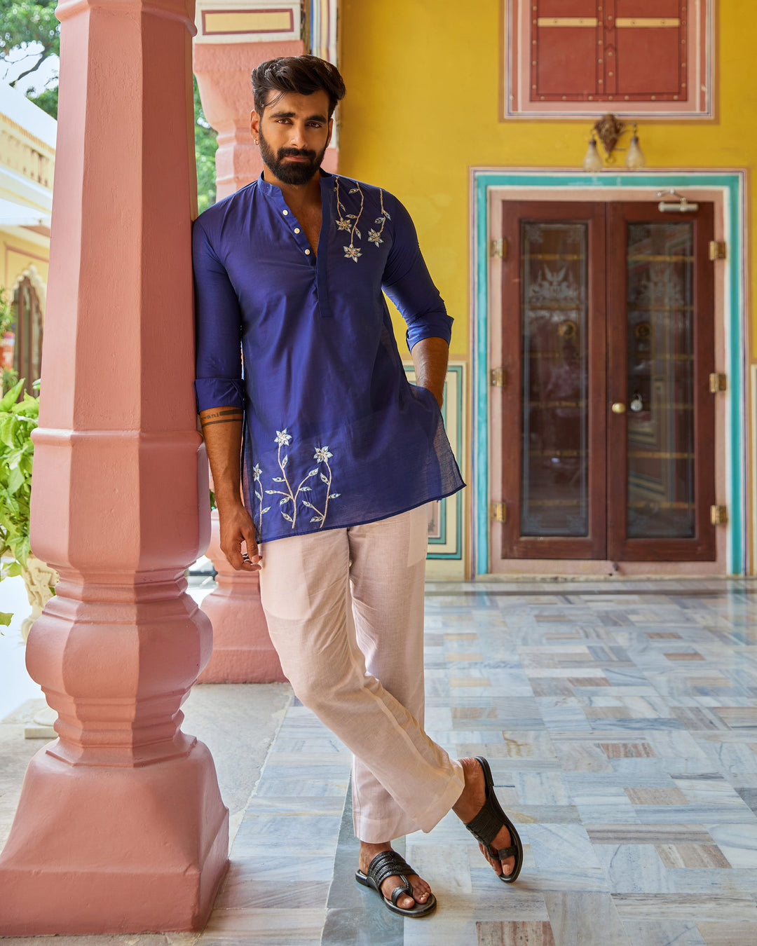 Krish Blue Embroidered Chanderi Kurta