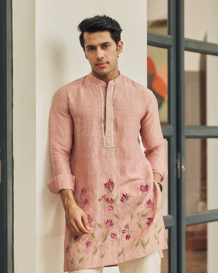 Rishan Peach Handpainted Silk Kurta