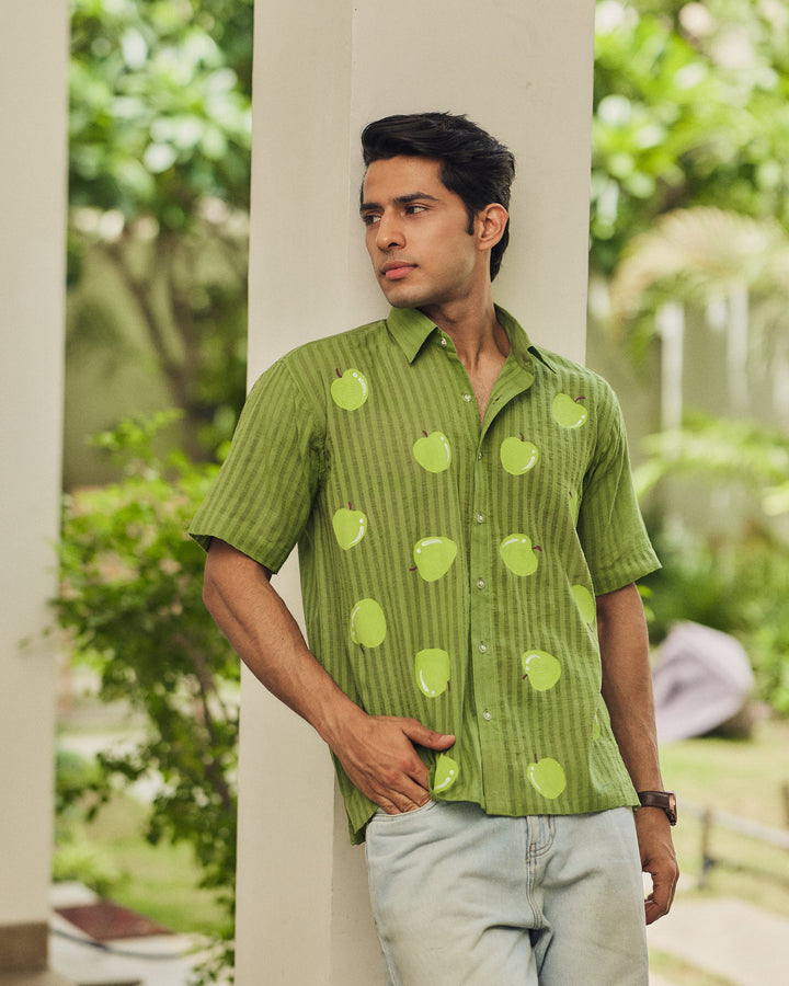 Vihaan Green Cotton Dobby Handpainted Shirt